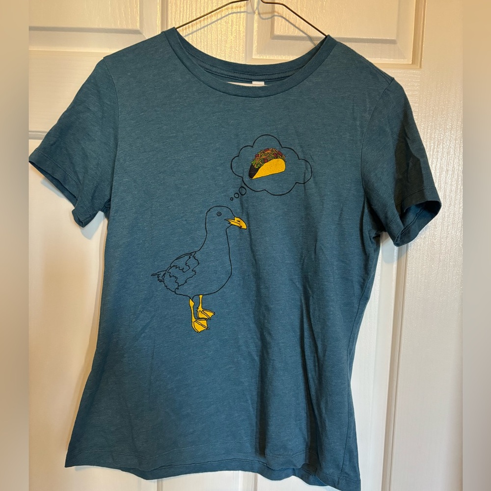 Women’s Blue Graphic Tee with seagull  and Taco Design